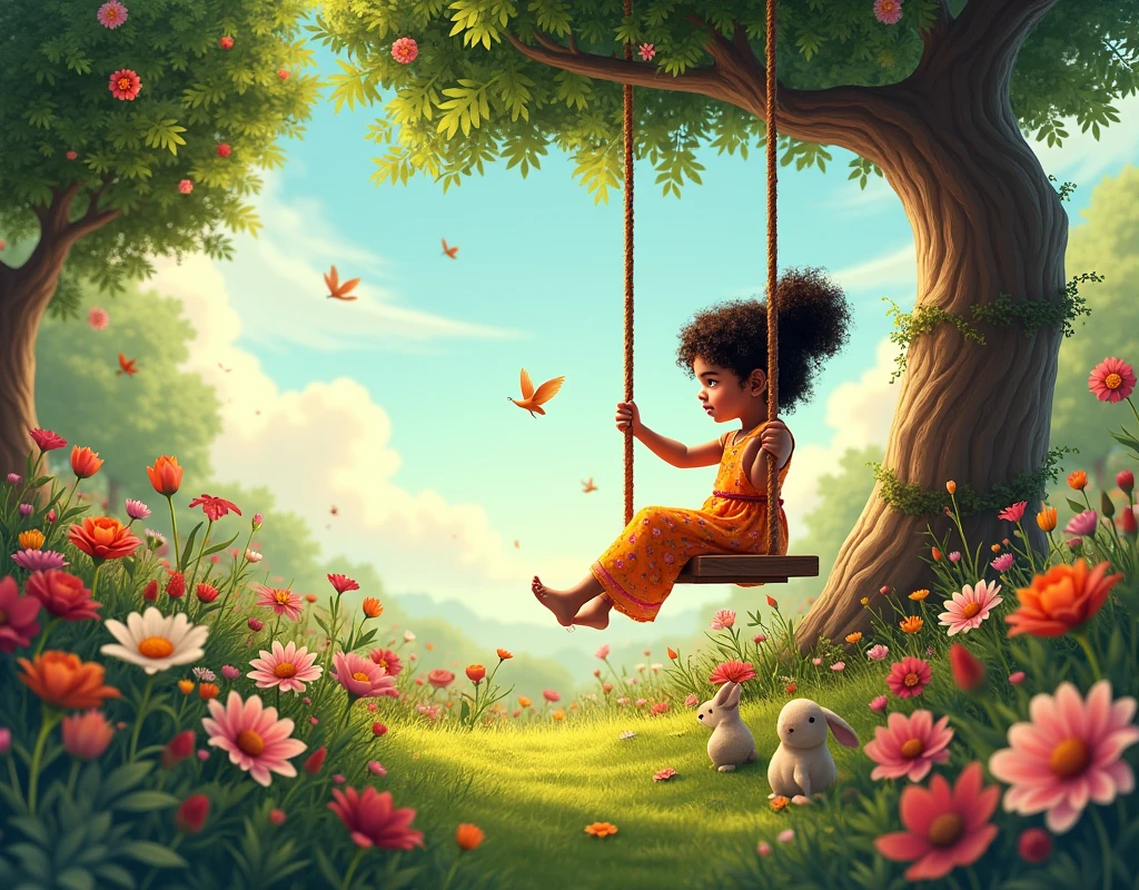 ARDIM FULL OF FLOWERS,MANY SMALL ANIMALS,A TREE WITH A SWING ,AN INDIAN CHILD WITH CURLY HAIR IN A DRESS ON A SWING IN THE BACKGROUND ,NAME VICTORY
