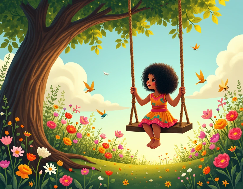 ARDIM FULL OF FLOWERS,MANY SMALL ANIMALS,A TREE WITH A SWING ,AN INDIAN CHILD WITH CURLY HAIR IN A DRESS ON A SWING IN THE BACKGROUND ,NAME VICTORY