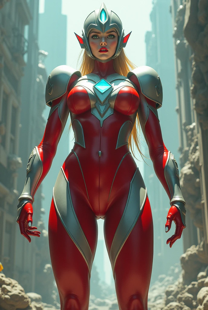 Full body image, standing, Princess Zelda giant, (red with silver costume:1.5), as Ultraman, immensely large breasts1, very tight body suit, heavy makeup on her face, light blue jewel on the breastplate, helmet on head, red lipstick on her mouth, (she green eyes:1.5, blue hair:1.5), Looking at the viewer from the front, she is in a futuristic city with several monsters attacking the buildings, Tokusatsu, Ultraman, anime style, cinematic lighting, 16k, UHD, masterpiece, best quality, high details
