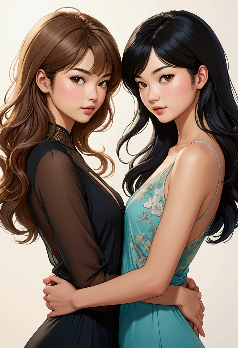 Two beautiful women in love, both dressed modern in a tender attitude towards each other, Sarah Kay style, one British, with semi-short light brown hair, and the other woman with delicate Asian features, with long black hair.