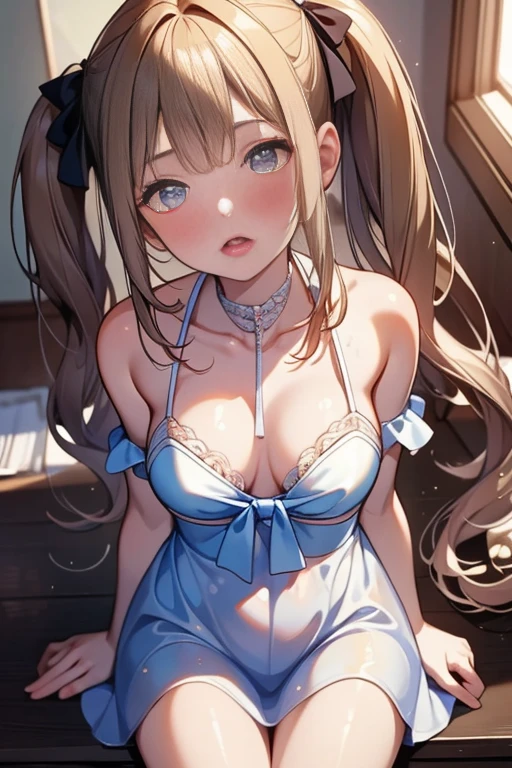 (8k, Highest quality, masterpiece:1.2),The girl looks down at the viewer in a cowgirl position、The girl is looking down at the viewer、Beautiful girls,Young face,Innocent expression,Flat Chest,Blushing,Mouth shape before kissing,A white one-piece dress that lets your skin show、Composition looking up from below the stomach、The structure of the incitement