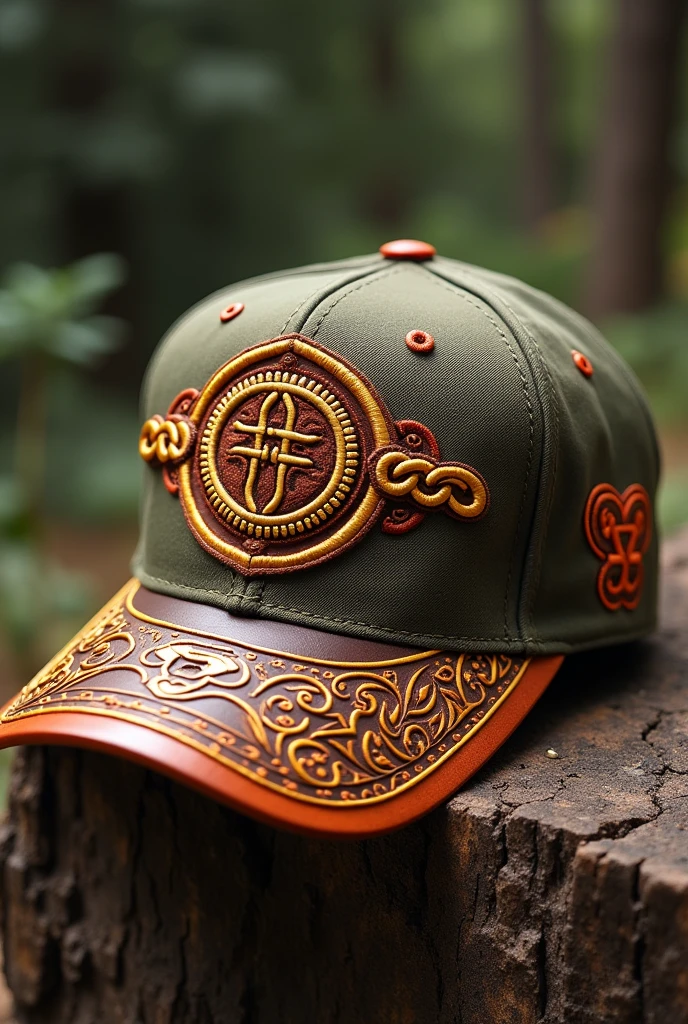 Tribal Inspired Cap: Cap with a design that incorporates tribal patterns in earth tones, like brown, olive green and beige. The front panel has a large tribal symbol representing strength and unity., embroidered in gold thread. The visor is made of a leather-like material with tribal motifs etched along the edges.. The team logo is embroidered on the side of the cap with red and orange details., adding a vibrant touch.