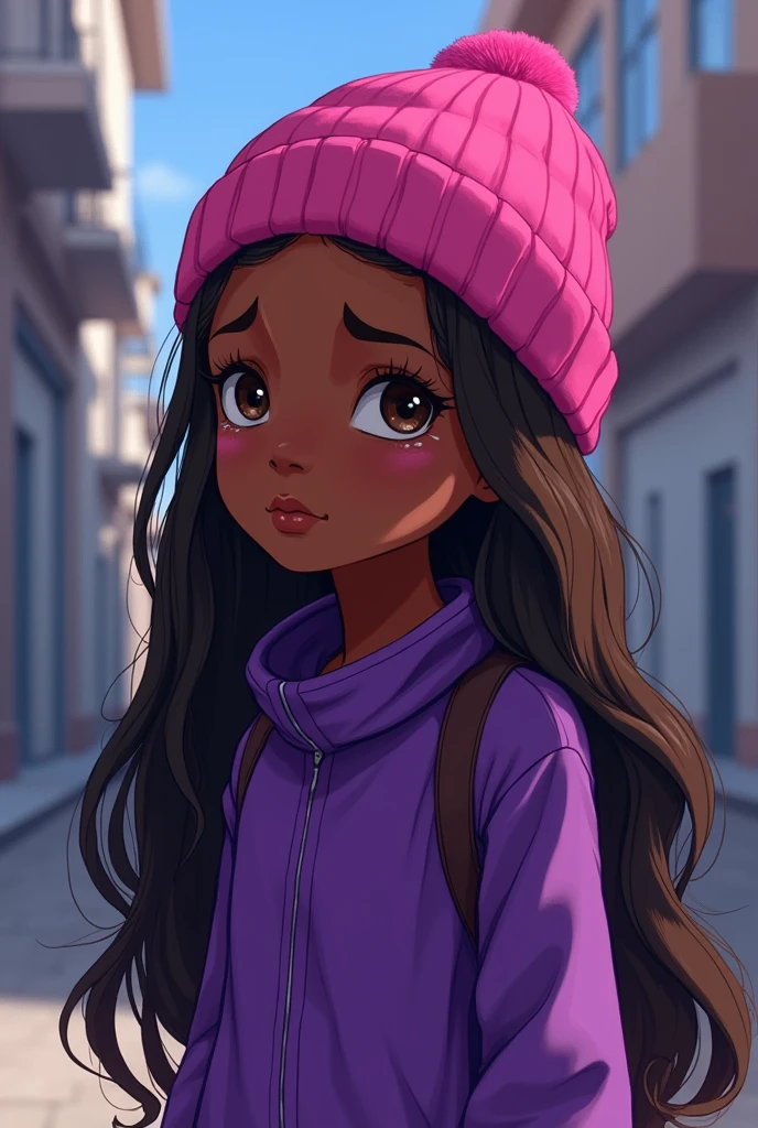 Young Black girl. Crying. Long brown hair. Pink beanie on head . Long purple modern clothing. Animated. Ultra high quality.