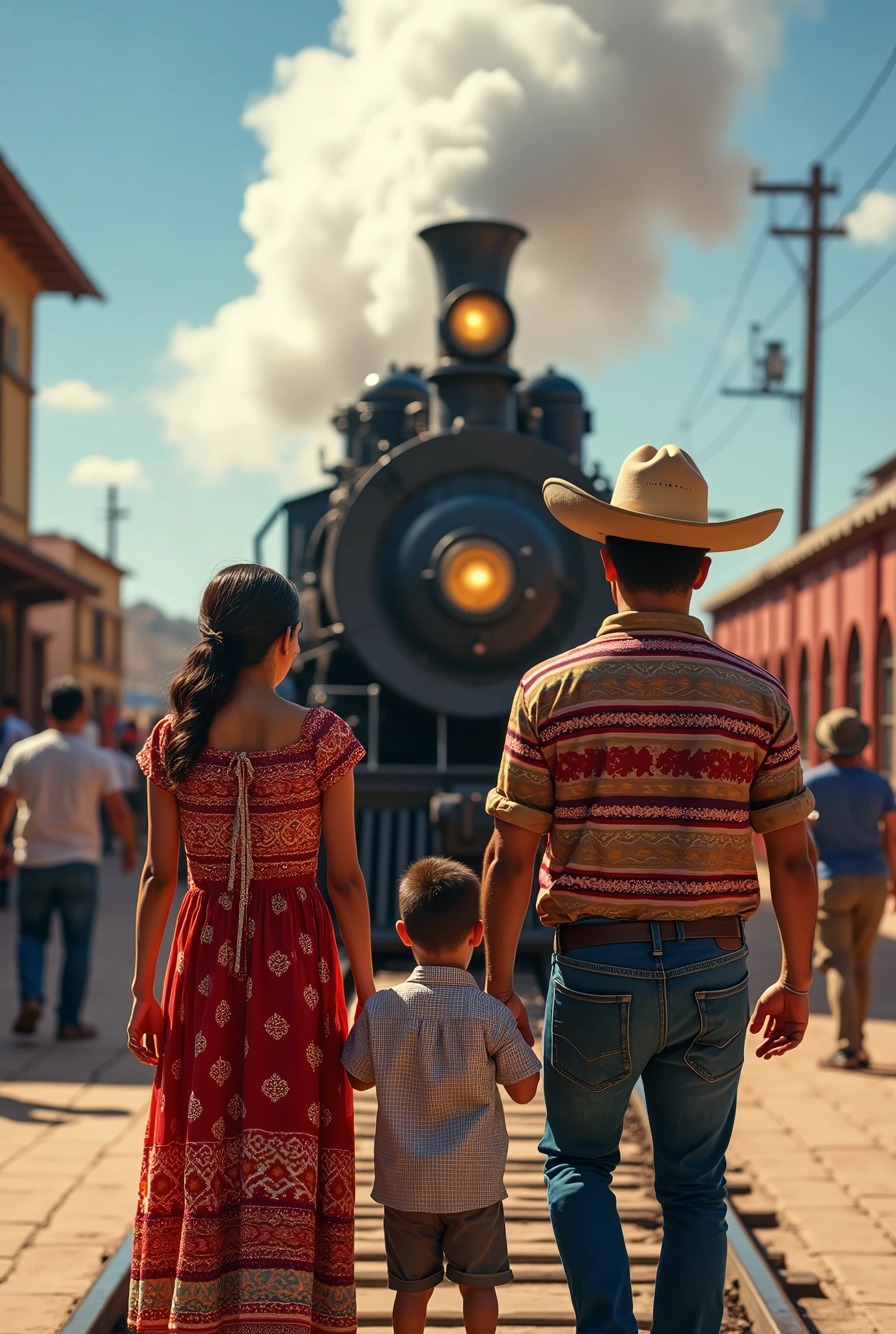Mexican family boarding a train, with parents and children, symbolizing the beginning of life's journey --ar 16:9