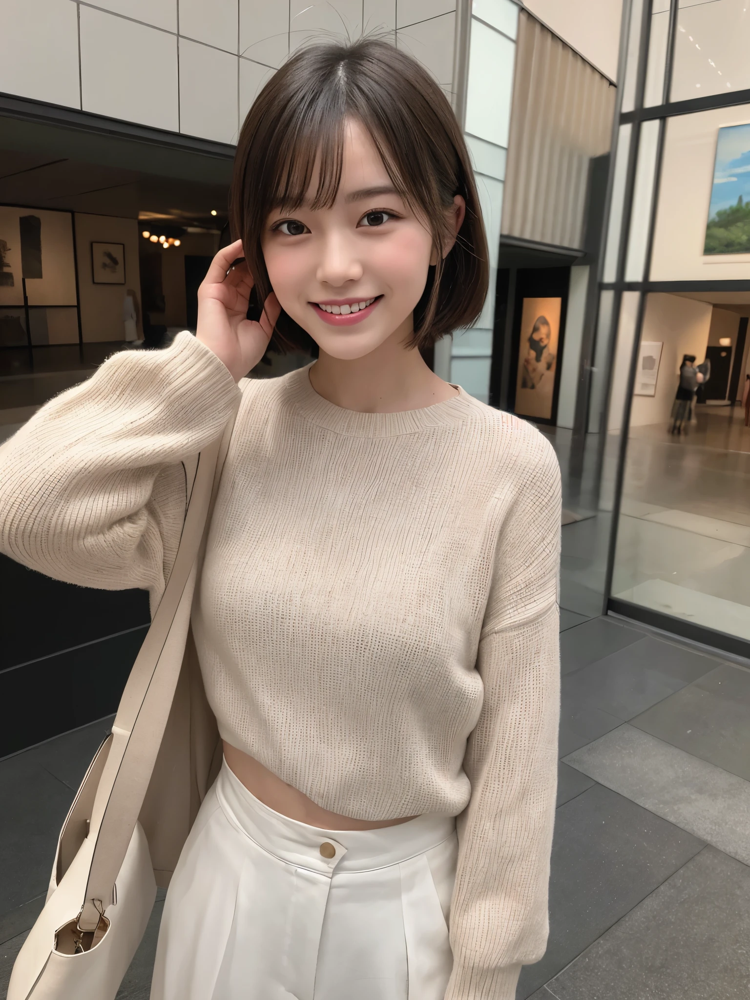 1girl, solo, highres, best_quality, masterpiece, detailed_background, intricate_details, beautiful, kanazawa, 21st_century_museum, modern_art, modern_fashion, casual_clothes, smile, looking_at_viewer, dynamic_pose, natural_pose, candid, happy