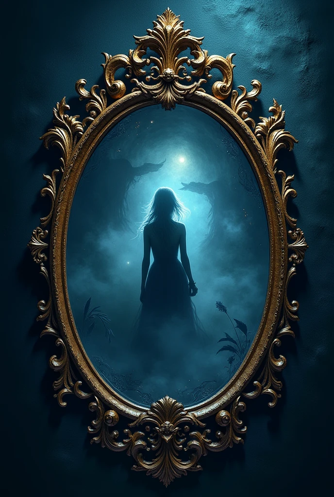 "The Mirror of the Night":
### **Cover design**
1. **bottom:**
- A dark and mysterious atmosphere, with a deep blue and black tone to represent night and darkness. It could include a light texture that simulates fog or shadows..
2. **central image:**
- An antique mirror with an intricately carved frame, in which a faint figure or shadow is reflected. The mirror may be cracked in some places, displaying a diffuse glow that suggests magic or mystery.
- Alternatively, You can show a feminine figure (Viviana) holding the amulet with an expression of determination, on a background of shadows or with the reflection of a broken mirror.
3. **Title:**
- Place the title "The Mirror of the Night" at the top or center of the cover, in an elegant and somewhat gothic typography. You can use gold or silver letters to give it a touch of mystery and fantasy..
4. **Author's name:**
- Name "Jhuliana Leon" should be at the bottom of the cover, in a clear and legible typography, but that harmonizes with the general style of the cover.
5. **Additional Elements:**
- Add details like little stars or sparkles around the mirror to enhance the magical effect. You can also include subtle shadows or blurred figures in the background to give a sense of depth and mystery..
Spanish title