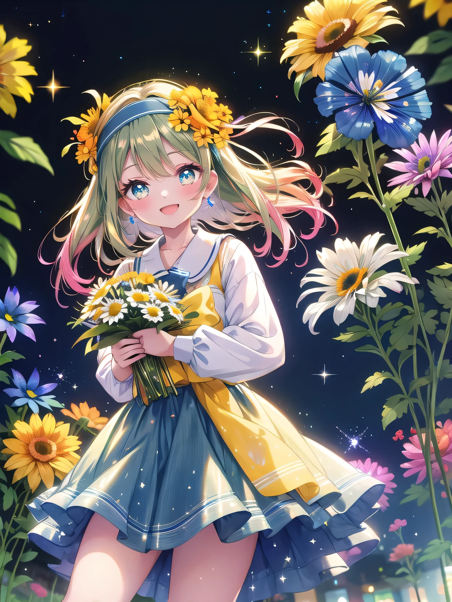 ((8k, Highest quality, masterpiece: 1.3)),Ultra-high resolution,(1 girl, alone), (Color changing eyes, Ultra-detailed, Expressive brilliance, Glitter, Glowing Eyes), Highly detailed eyes, Highly detailed face, Random Hair, ((pastel colour))Imagine a woman in a vibrant outdoor flower market, surrounded by colorful blooms in every direction. She’s holding an abundant bouquet of vivid orange marigolds, blue delphiniums, and white daisies, wrapped in bright yellow tissue paper with a playful bow. The bouquet is large and lush, extending outward with a cheerful mix of colors that draws attention to her happy expression. She’s dressed in a casual, yet stylish, olive green blouse and a knee-length denim skirt, her hair styled in loose waves with a trendy headband. She’s angled slightly to the left but looks directly at the camera with a bright, enthusiastic smile, her eyes sparkling with excitement and warmth. She extends the bouquet forward as if handing it over to a friend, her posture relaxed and inviting. The market’s background includes vibrant flower stalls, hanging string lights, and a bustling atmosphere, with gentle sparkles highlighting the festive, joyful mood of the scene.