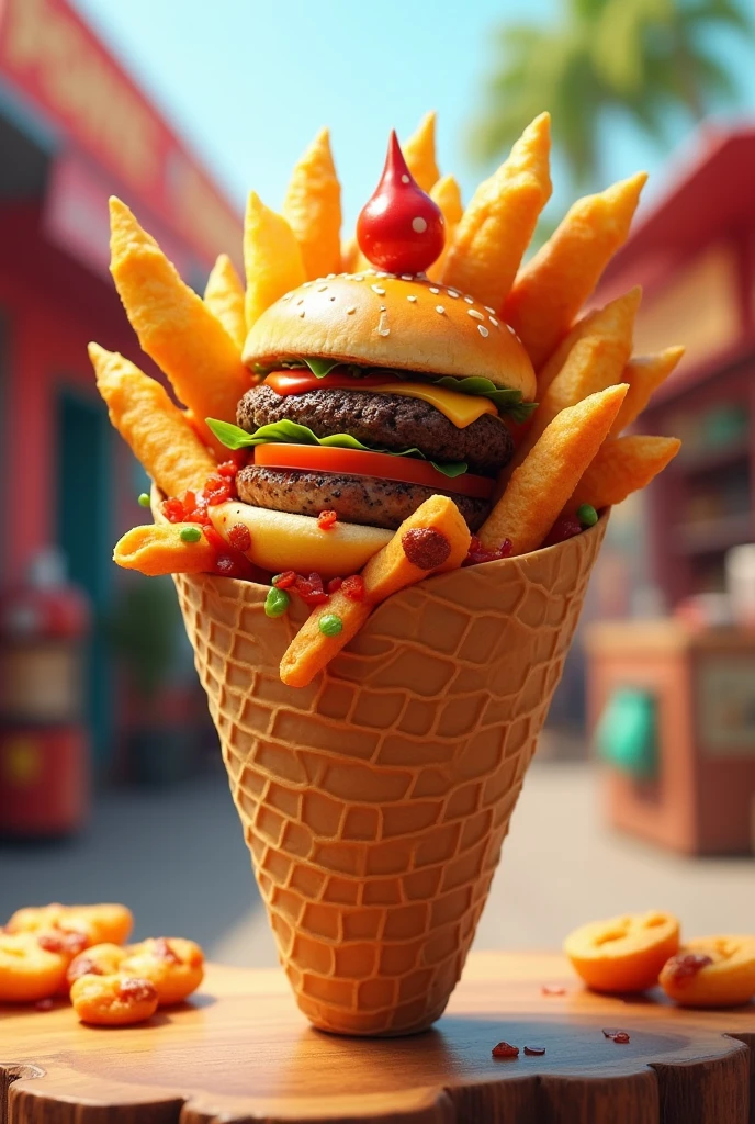 I need to make a picture of a hamburger mixture, salchipapa and pizza in a cone, in a very funny and cheerful way