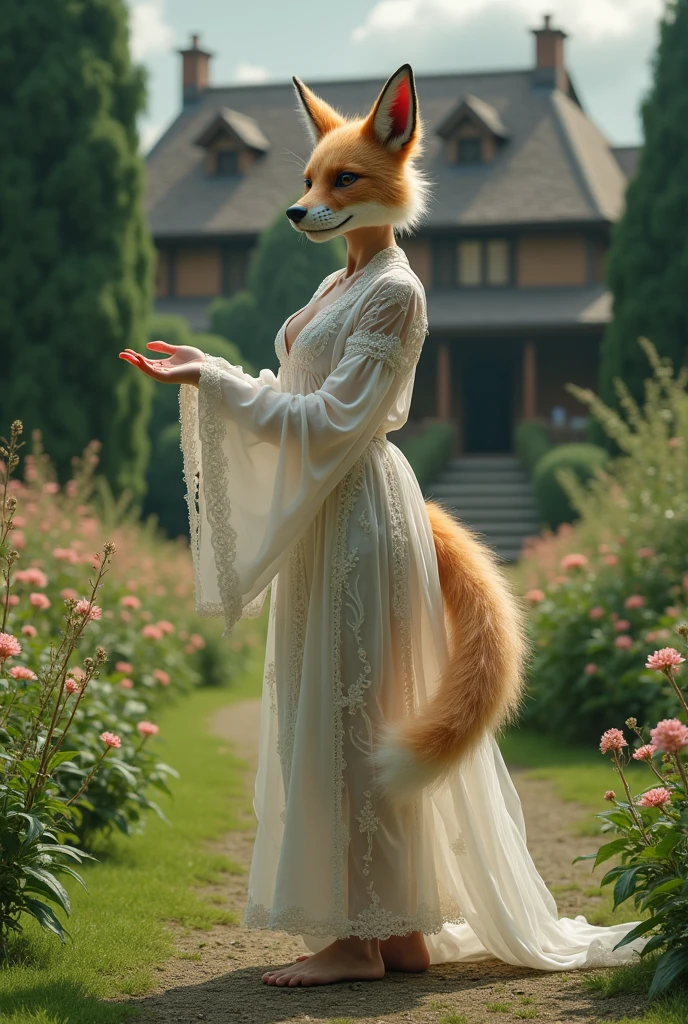 A  playing the therian of a fox in a garden of a house, with a mask and characterized in the fox position.