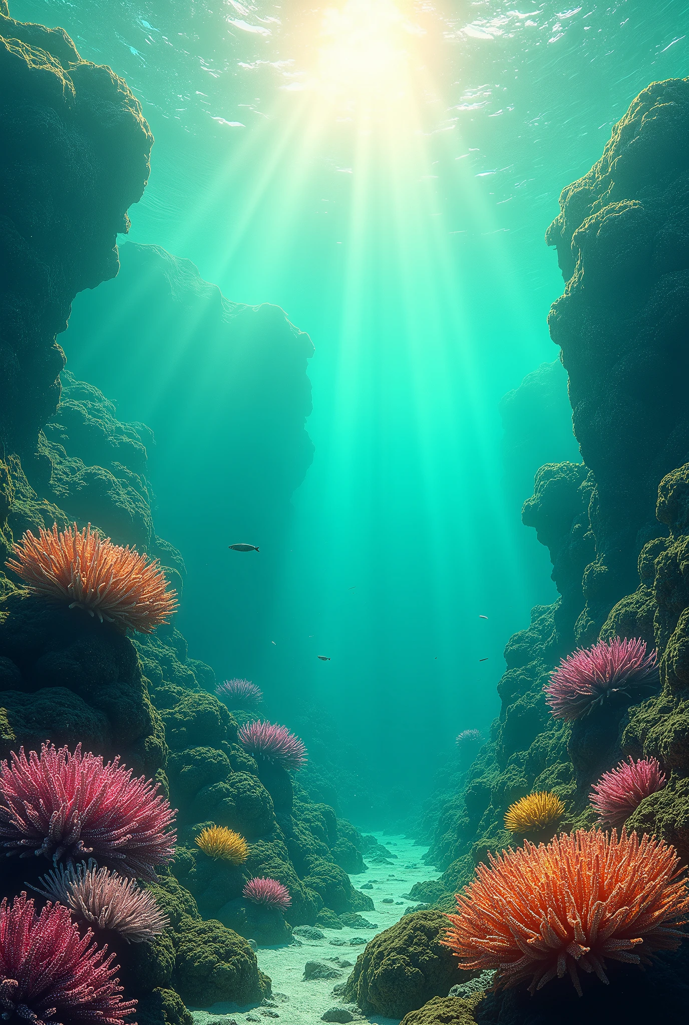 Ultra realistic green sea background without any living beings, just corals with the sun reflecting inside the sea