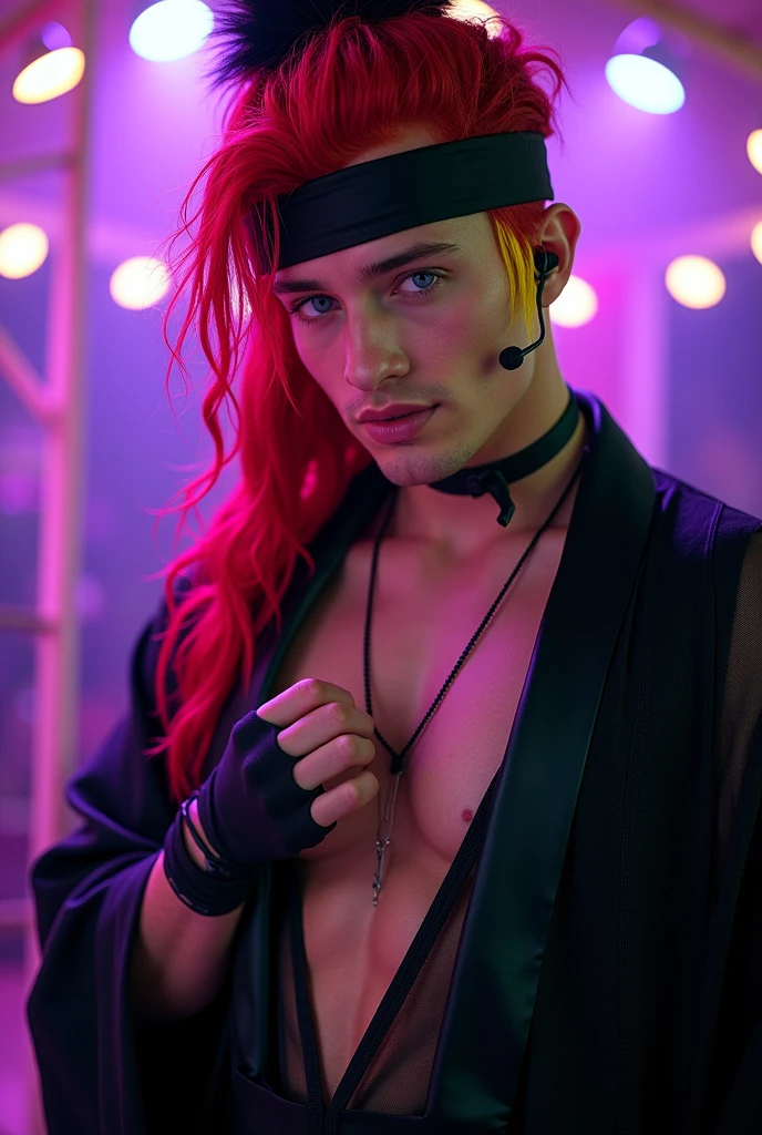 absurd, high resolution, ultra detailed, HDR, masterpiece, best quality, extremely detailed, detailed eyes, Quincy, red hair with yellow side streaks, messy ponytail hair, hair between the eyes, expressive blue eyes, Naked Carnival, solo, sexy man, manly man, horny, lustful, handsome, fantasy, undressing, black haori, transparent kimono, black choker, feathers, accessories, black gloves, fingerless gloves, elbow gloves, black bow headband, cock full of old perverts, ear microphone, purple light spotlights, mouth piercing, shining spotlights, fantasy manhwa, cock show,