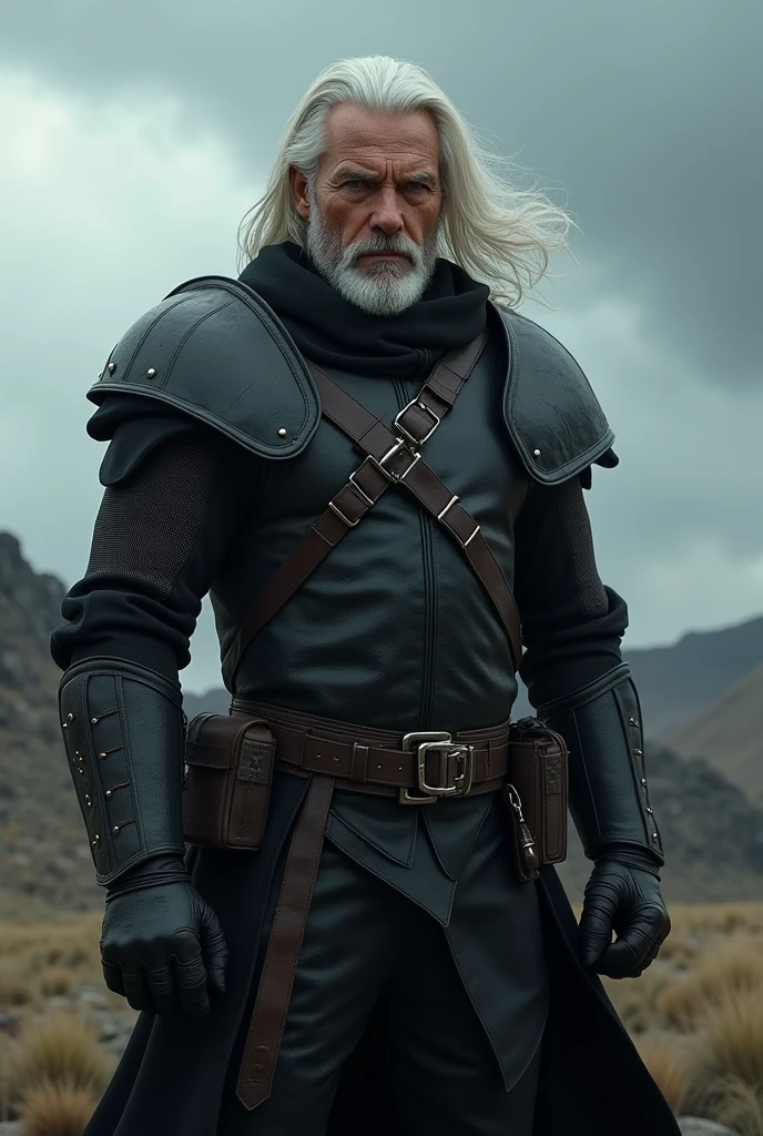bounty hunter, with white hair, man and black clothes knight theme