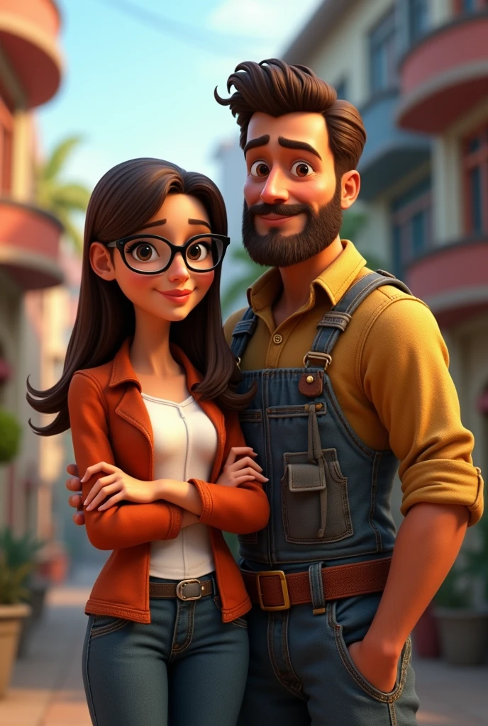 Couple in pixar mode, woman by profession auditor, with glasses, straight brown hair and electrician technician man , brown skin, beard only chin