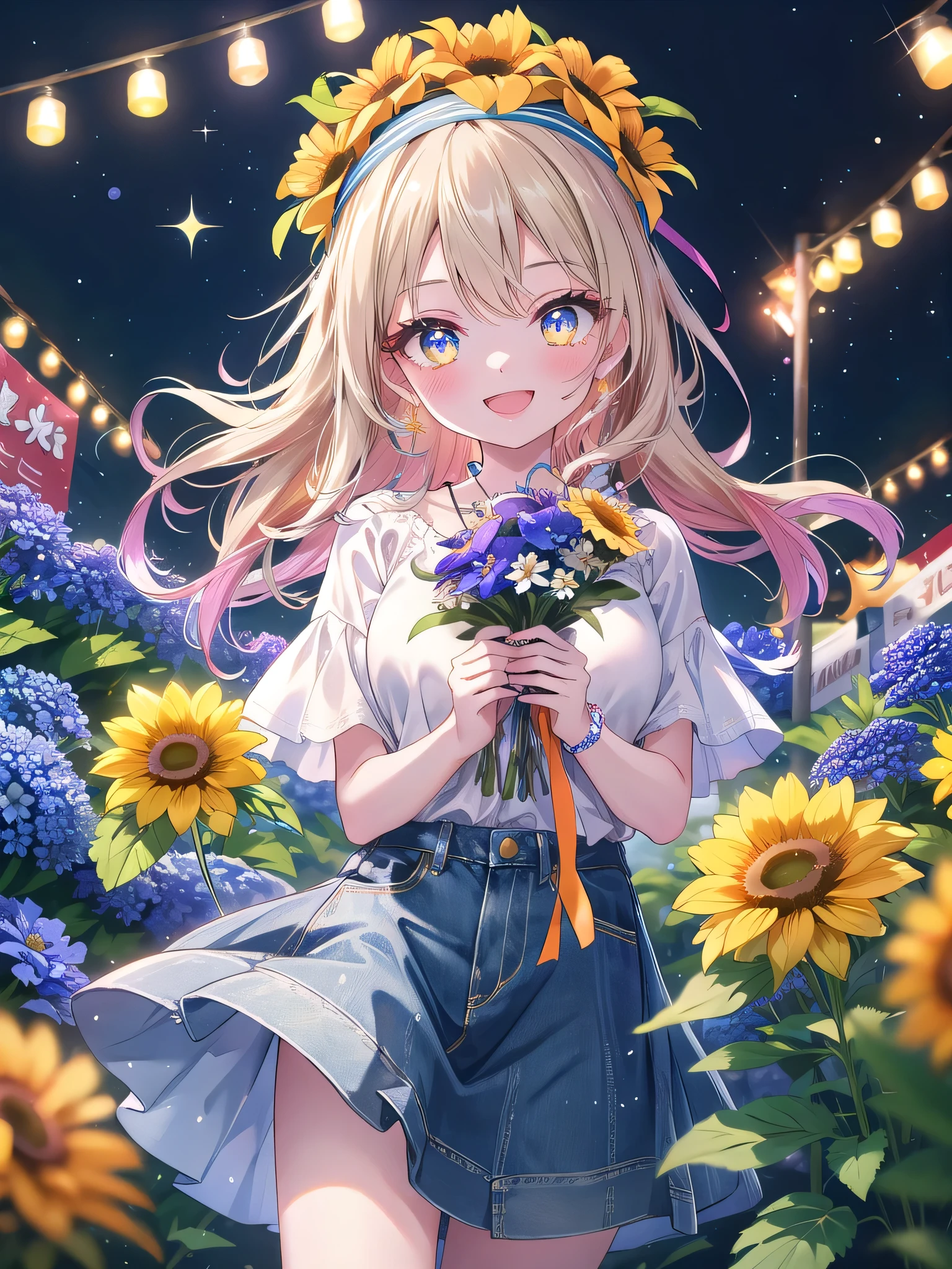 ((8k, Highest quality, masterpiece: 1.3)),Ultra-high resolution,(1 girl, alone), (Color changing eyes, Ultra-detailed, Expressive brilliance, Glitter, Glowing Eyes), Highly detailed eyes, Highly detailed face, Random Hair, ((pastel colour))Imagine a woman in a vibrant outdoor flower market, surrounded by colorful blooms in every direction. She’s holding an abundant bouquet of vivid orange marigolds, blue delphiniums, and white daisies, wrapped in bright yellow tissue paper with a playful bow. The bouquet is large and lush, extending outward with a cheerful mix of colors that draws attention to her happy expression. She’s dressed in a casual, yet stylish, olive green blouse and a knee-length denim skirt, her hair styled in loose waves with a trendy headband. She’s angled slightly to the left but looks directly at the camera with a bright, enthusiastic smile, her eyes sparkling with excitement and warmth. She extends the bouquet forward as if handing it over to a friend, her posture relaxed and inviting. The market’s background includes vibrant flower stalls, hanging string lights, and a bustling atmosphere, with gentle sparkles highlighting the festive, joyful mood of the scene.