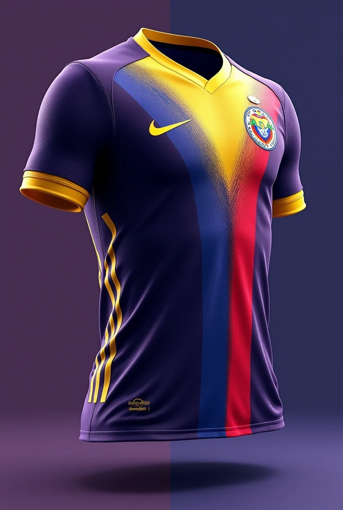 Make me a Colombian national soccer team uniform for 2024 with purple and black and gold details