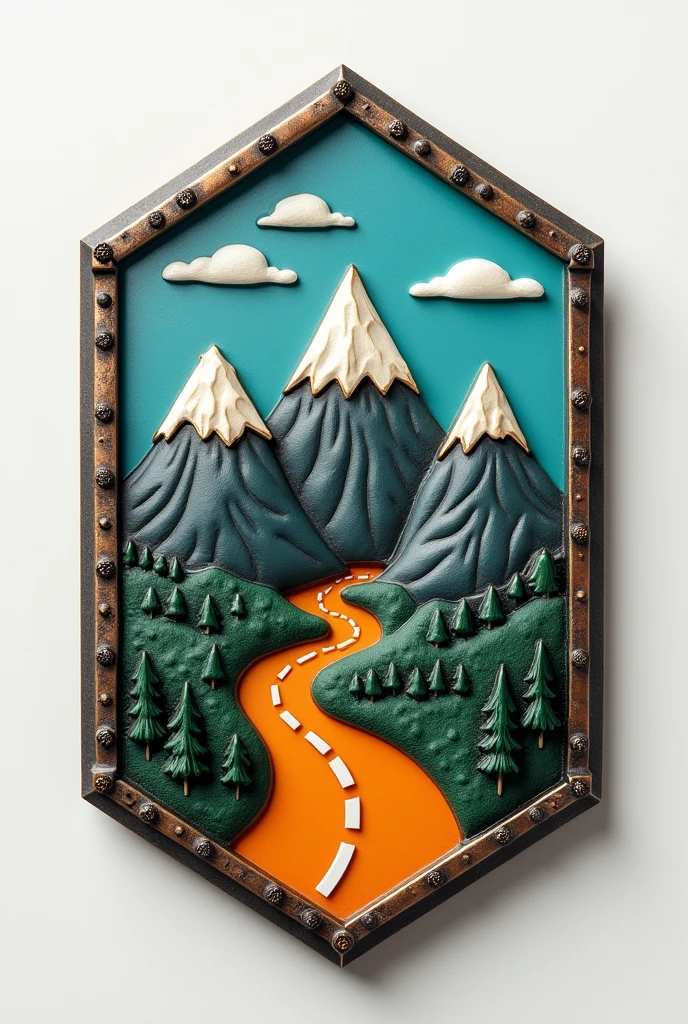 (Pixar style:4)A badge,Metal Material,There are mountain peaks,There are roads,