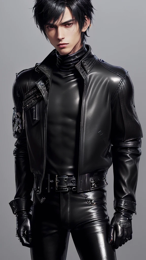 ((Final fantasy taste and reality graphics)), ((Japanese young cute and cool ikemen  boy)), his age is early 20s, thin eyebrows and beady eyes,  ((((he wearing black color leather very thick single-brest jacket)))),((((leather jacket is smooth luster and shiny)))), ((jacket with epaulet)), ((leather jacket close all zippers)),, ,(( jacket collar is very high length stand-up collar with belts)), , (((also wearing black color turtleneck polyester shirts))),  (((tight black and leather pants))), ((((black leather tight and thin glove)))), ((black color leather knee-high raceup boots)),((show the boy whole body)), boy looks like fashion model,Do not show skin from the neck down,(((all his clothes are smooth design and very shining))),(((Avoid adding unnecessary decorations to your clothes))),(((all clothes is simple design and appearance))),(((don't wear jewelry on all clothes)))