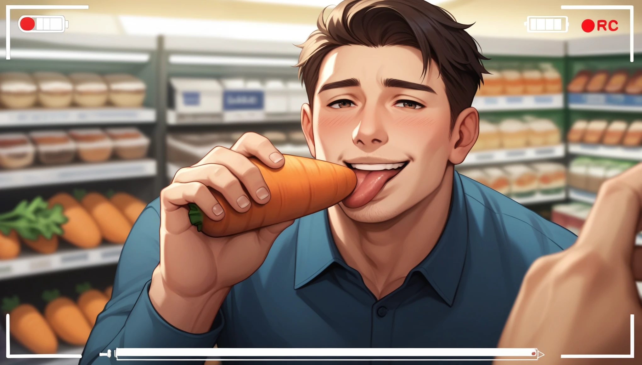 best quality, masterpiece, hyper realistic, extremely detailed, pov from viewfinder, gay, homoerotic, extremely handsome mature asian man, shy smile, licks a carrot, in produce aisle in grocery store, dark cinematic lighting, extremely dramatic shadows, perfect fingers, perfect hands, perfect face, perfection, no signature, no logo