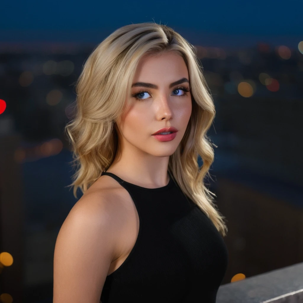 A captivating photo of a blonde woman in a black crop top exudes sexiness against the backdrop of a bustling city. The image showcases a shallow depth of field, with bokeh effects enhancing the city lights, creating an alluring contrast. Sharp focus is given to her expressive blue eyes and plump, realistic lips, while her golden locks cascade gracefully. This UHD, photo-realistic masterpiece, with its high resolution and raw authenticity, truly embodies the essence of realism (reallistic: 1.2).