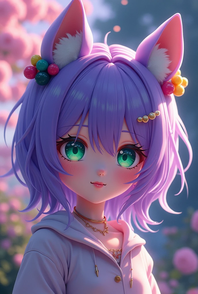 purple hair, hair bobbles, wince, long eyelashes, solid circle green eyes, fake animal ears, light smile, ear blush, fangs, accurate, Surrealism, drop shadow, anaglyph, stereogram, tachi-e, pov, atmospheric perspective, 8k, super detail, best quality