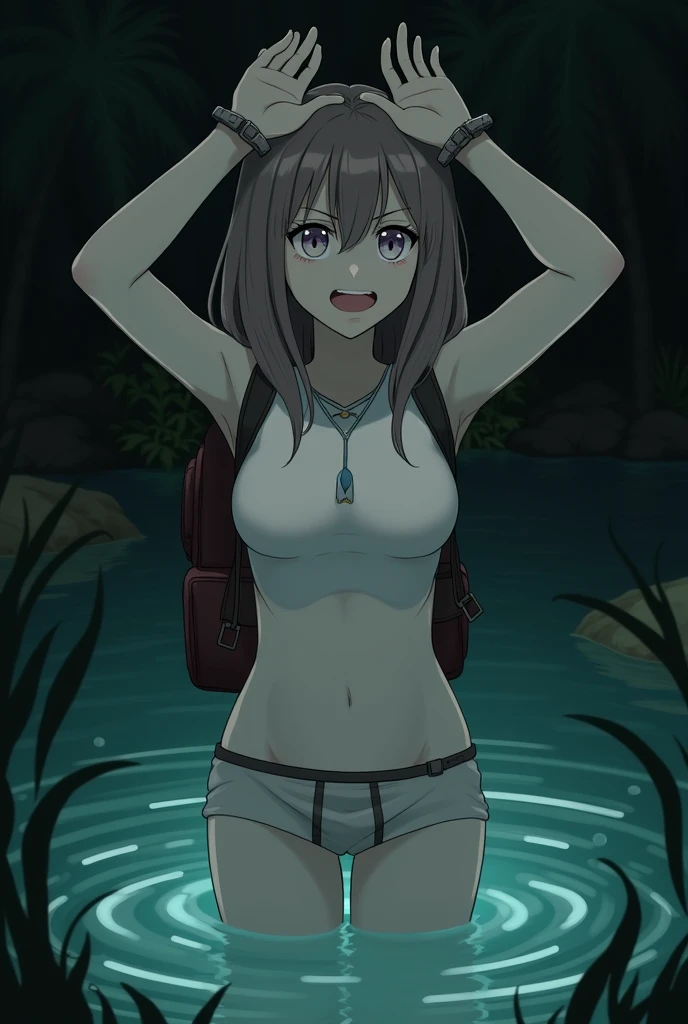 mikuni miharu , (In a lake), Masterpiece, Best quality, hyper qualit, absurd details, Best light, Best shadow, Sharp, Clear picture, Detailed face, Detailed eyes, detailed hairs, Detailed, Extremely detailed, A high resolution, 8K, 4K, hyper HD, Ray tracing, beautiful effects, hot springs, bare skin, blush,(pants pull down, ass)