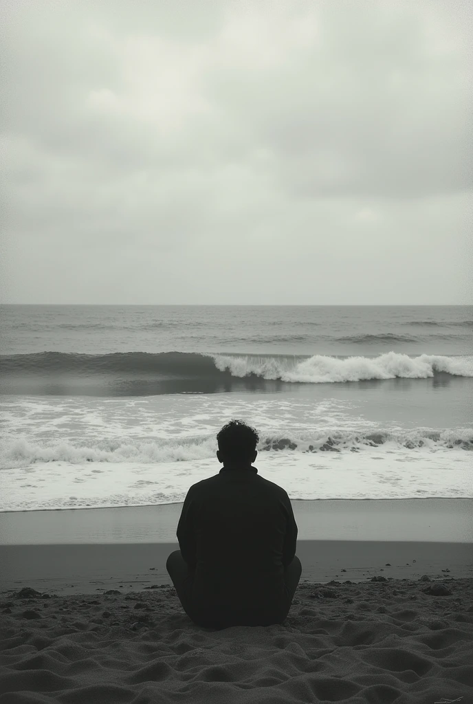 distant man in the distance sitting on the sand admiring the immensity of the ocean, surf , arena, costa, clouds, cloudy, winds, loneliness, melancholia, sadness, Photography, Realism, analogic camera effect, masterpiece, perfect composition, black and white