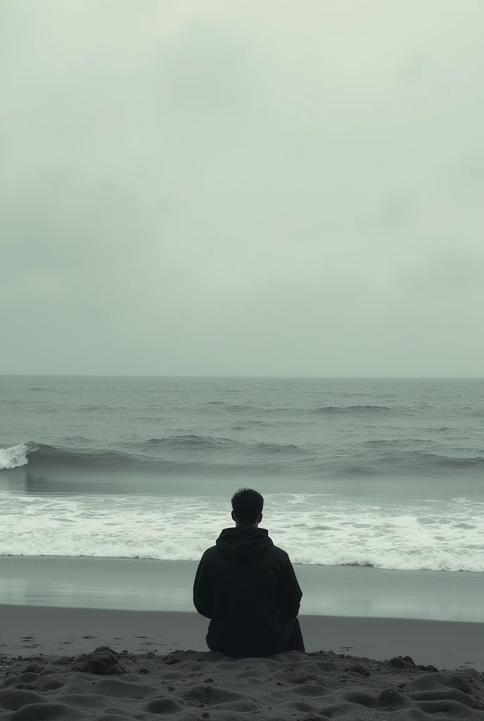  distant man in the distance sitting on the sand admiring the immensity of the ocean, surf , arena, costa, clouds, cloudy, winds, loneliness, melancholia, sadness, Photography, Realism, analogic camera effect, masterpiece, perfect composition, black and white