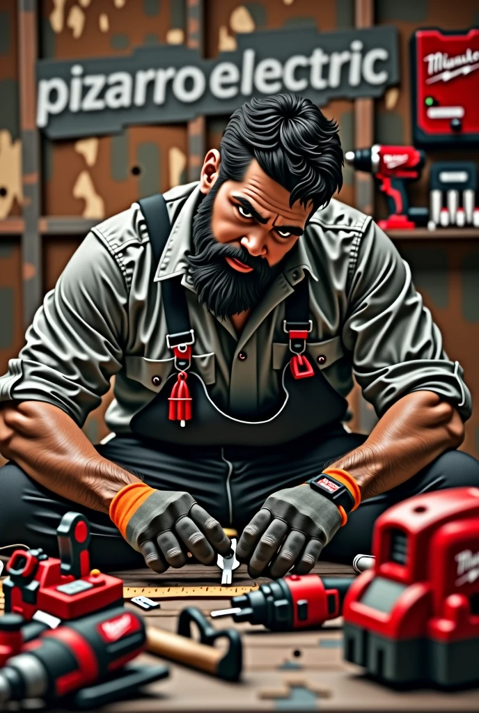 Imagine An electrician man working ,Dark brown with medium black beard, and black hair, A little chubby with Milwaukee tools around and the word PizarroElectric in the background 