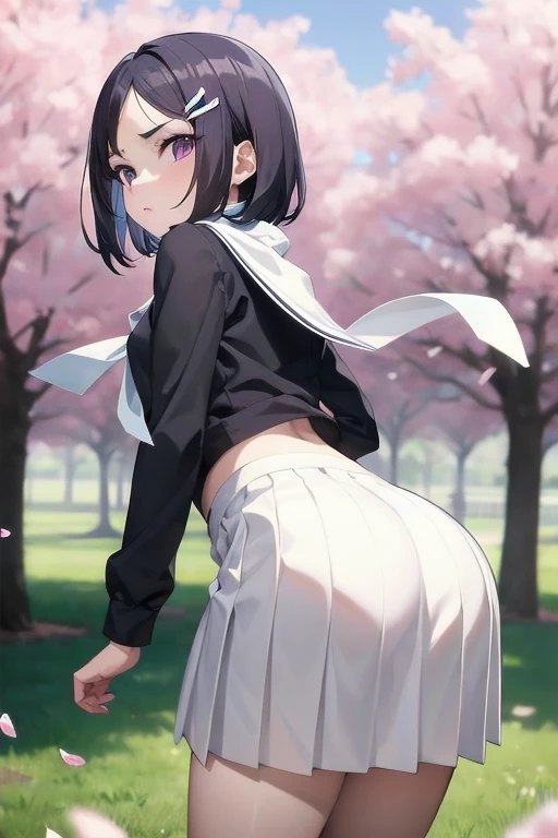 Very detailed, highest quality, High resolution, Moe Anime, ((A cute girl with black hair and droopy eyes looks back)), (Baby Face), Cute eyes, Detailed eye depiction, Sparkle in the eyes, Blue Eyes, View your viewers, Pale skin, Focus on the face, In the park with cherry blossoms falling, (On all fours:1.4), (((From the back:1.2))), ((Sheer white lace sleeveless dress)), Bright Eyes, Ponytail hairstyle, Pink ribbon, ((Small Ass:1.4))