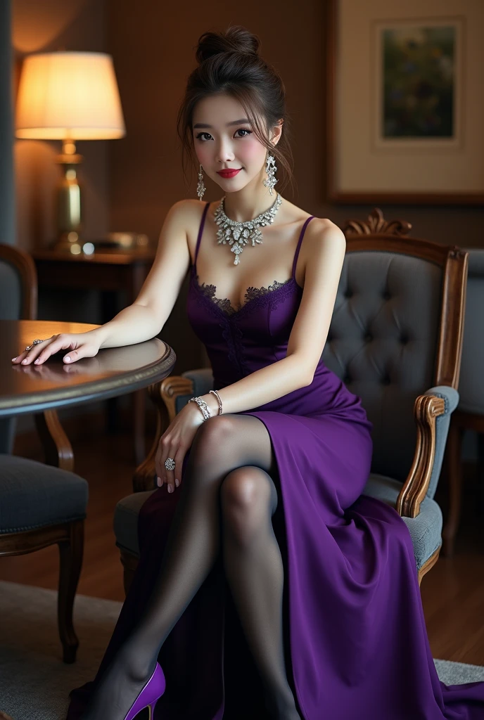 "Japanese facial features, one woman, full-body photo including shoes, sharp focus, beautiful full color, Purple high heels,camera angle from the floor looking up at the woman, 2 woman, Eyes are light brown,elegant and alluring atmosphere, chic and calm indoor setting, luxuriodus room, high-end interior, deep purple dress, deep purple high heels, black stockings and garter belt, graceful and seductive, white smooth glowing skin, Japanese features with Nordic-like delicate bone structure and high cheekbones, cool blue eyes, light brown hair, standing at an angle, face looking at the camera, toes visible in the photo with high heels, emphasizing long legs, special dress design to enhance allure, sexy V-neck dress with shallow neckline, sheer lace on shoulders revealing skin on shoulders and back, deep slit in skirt highlighting leg line, slit from waist to ankle showcasing stockings and garter belt, glossy deep red satin fabric flowing gracefully, geometric patterns on stockings, garter belt with lace and embellishments enhancing leg, wearing luxurious sparkling jewelry, high-quality diamond necklace, shimmering earrings, glamorous bracelet, multiple rings on fingers, sophisticated beauty and allure, emphasizing long legs and geometric patterns on stockings, polished updo hairstyle in light brown, natural yet alluring makeup, defined eyes and lips, confident and subtly seductive smile, soft lighting highlighting skin texture, black stockings, garter belt, and jewelry, overall luxury, elegance, and allure.