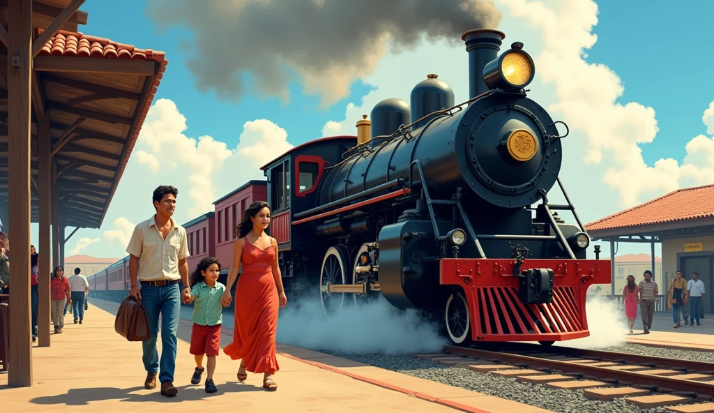 Mexican family boarding a train, with parents and children, symbolizing the beginning of life's journey