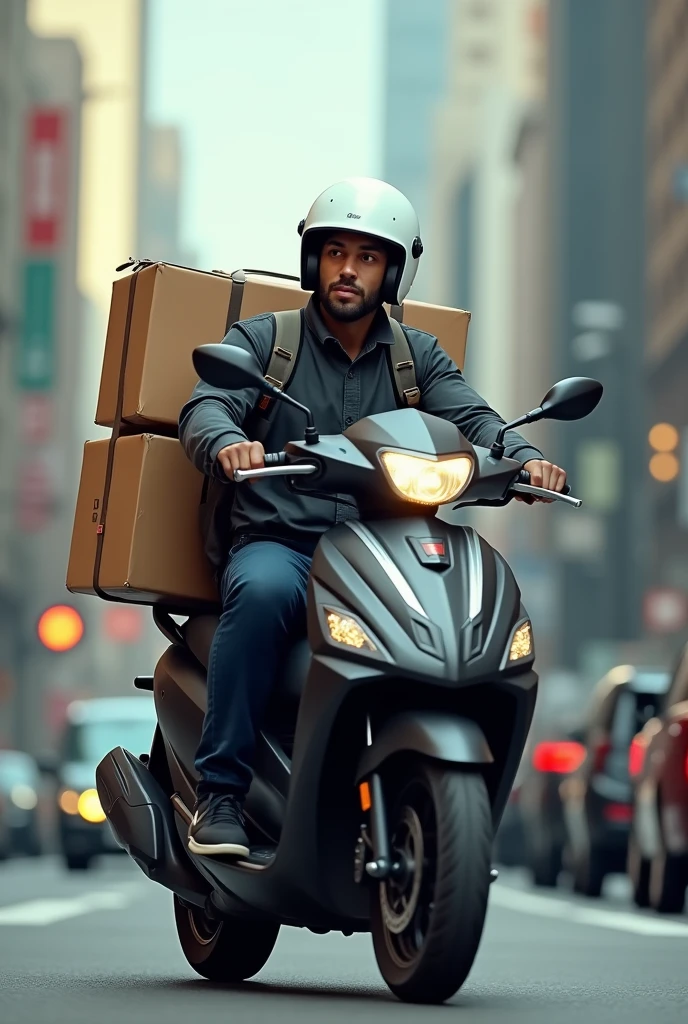 A delivery man on a motorcycle, with a white helmet, black motorcycle and a large delivery backpack
