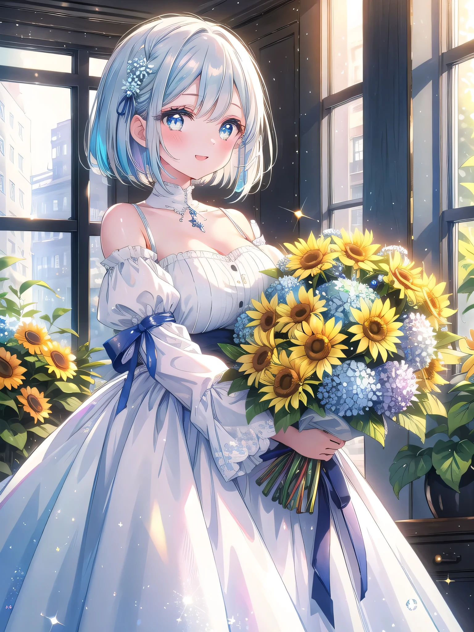 ((8k, Highest quality, masterpiece: 1.3)),Ultra-high resolution,(1 girl, alone), (Color changing eyes, Ultra-detailed, Expressive brilliance, Glitter, Glowing Eyes), Highly detailed eyes, Highly detailed face, Random Hair, ((pastel colour))Imagine a woman standing in a stylish, modern café, with large windows allowing streams of golden sunlight to bathe the room. She’s holding a large bouquet of sunflowers, white lilies, and soft blue hydrangeas, wrapped in a simple white paper with a light blue ribbon. The bouquet is vibrant and full, creating a striking contrast against her outfit. She’s dressed in a casual yet chic white blouse with rolled-up sleeves and a pastel yellow midi skirt, adding a touch of elegance to her look. Her hair is styled in a shoulder-length bob, perfectly framing her cheerful face. She’s positioned slightly to the left but faces the camera with a bright, joyful smile, her eyes filled with a lively and happy expression. She holds the bouquet forward as if offering it to a friend, her posture open and inviting. The background features the modern café interior with minimalist decor, potted plants, and patrons in soft focus, with subtle sparkles adding a touch of magic to the celebratory scene.




