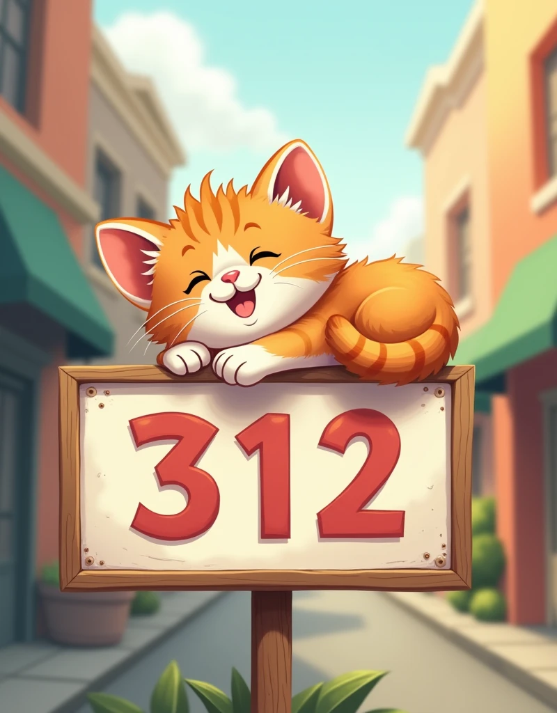 A super cute kitten lying on a sign that says 312,Smiling mouth,big round cute eyes