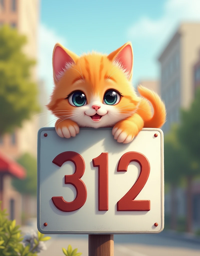 A super cute kitten lying on a sign that says 312,Smiling mouth,big round cute eyes
