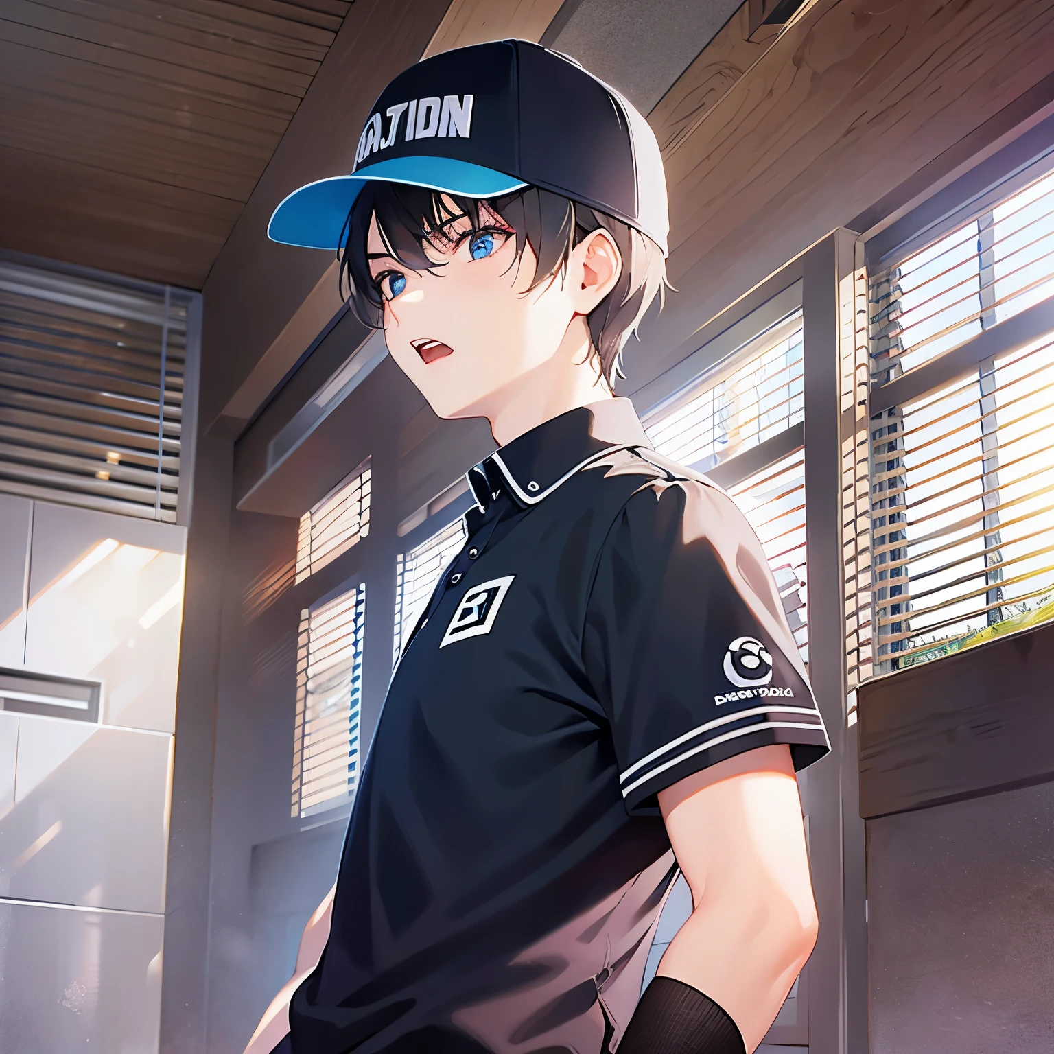 side angle,（looking away:1.5）upper body,
shiny skin, masterpiece、Highest quality、
(2 male:1.5) and (Black short hair) and (blue eyes), 
(black polo shirt)and(white cap)
Serious,open mouth,
Background is factory、（alone:1.5）