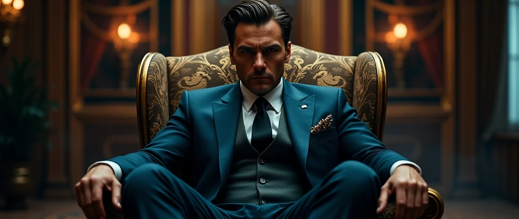 Visual Elements:
Central Figure: A strong, handsome, and young Mafia Boss, seated confidently on an opulent boss chair. His posture exudes authority and control, with a fierce and charismatic expression.
Background Figure: Standing behind the Mafia Boss is a beautiful woman, elegant and poised, highlighting the contrast between her grace and the Boss's commanding presence.
Setting: The background should feature an imposing and luxurious environment that reflects the Mafia Boss's wealth and power. This could include elements like a grand office or a high-end, darkly lit room with rich textures.
Color Scheme: Utilize a mix of dark and luxurious colors such as deep blues, blacks, and golds to emphasize the richness and intensity of the Mafia Boss's world.
Tagline: "Power and Elegance. Secrets Unveiled."
This prompt should create a striking and intriguing movie poster that highlights the Mafia Boss's strength and confidence while emphasizing the enigmatic presence of the beautiful woman behind him.