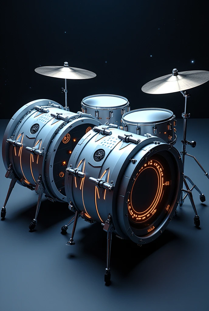 Designed spaceship-style double bass drum set.