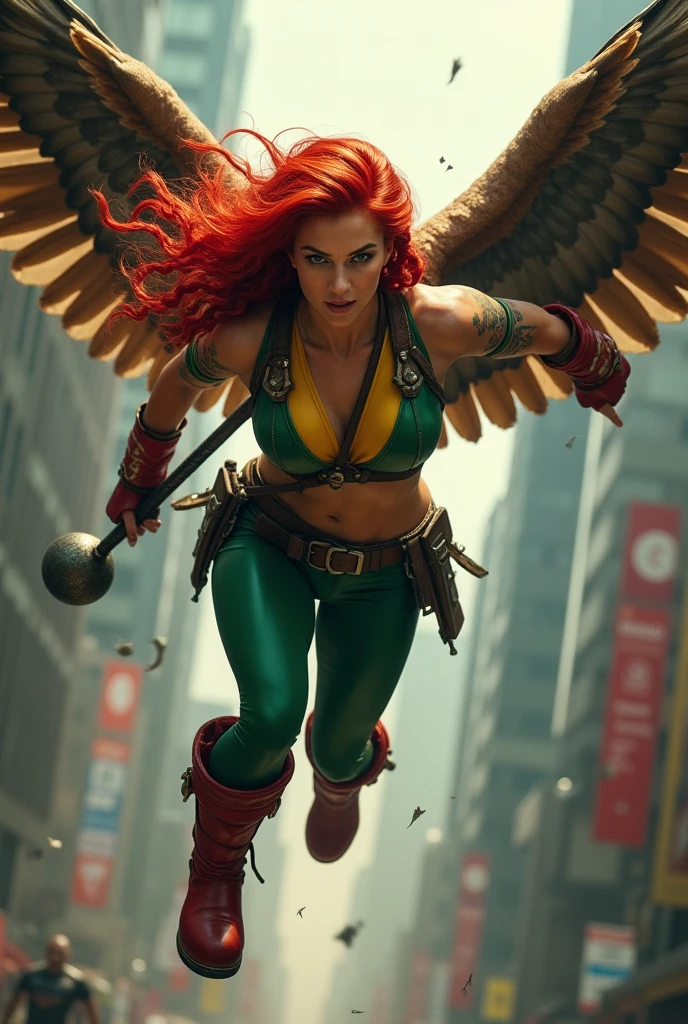 In extreme close-up a beautiful red-haired woman (((wearing a green leather top with yellow))) in the middle and (((Cali green leggings with red shorts or thong over the leggings))) red boots on a sheepdog Mace in a metal ball placed on the end of a cane or metal handle with rounded protuberances without spikes huge brown falcon wings that cover his entire body brown harness on his chest tattoos on one of his arms a long braid waving in the wind flying between the skyscrapers shouting on the warpath or in battle))),(((Dc flourescent logo on every image)))