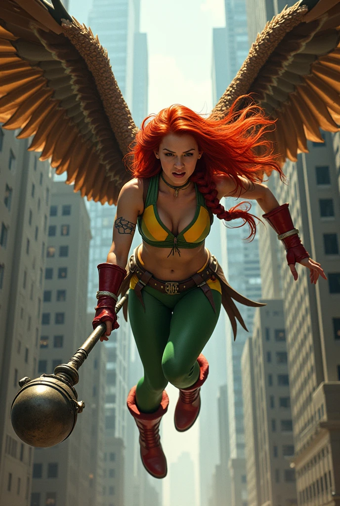 In extreme close-up a beautiful red-haired woman (((wearing a green leather top with yellow))) in the middle and (((Cali green leggings with red shorts or thong over the leggings))) red boots on a sheepdog Mace in a metal ball placed on the end of a cane or metal handle with rounded protuberances without spikes huge brown falcon wings that cover his entire body brown harness on his chest tattoos on one of his arms a long braid waving in the wind flying between the skyscrapers shouting on the warpath or in battle))),(((Dc flourescent logo on every image)))