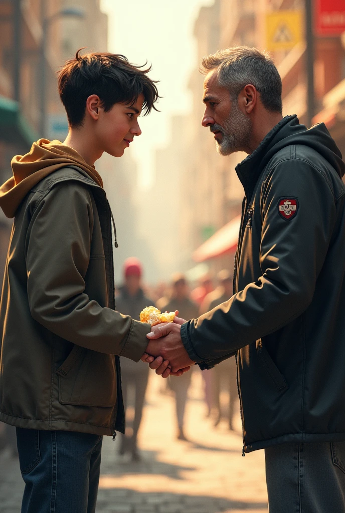 The image will have 2 scenes,The first scene is a boy offering food to a homeless man ,the second scene,A boy shaking hands with an adult man but not so lively and the scenes do not have the same background,The image is divided into two parts,la primera parte estara la primera escena y la segunda parte estara the second scene
