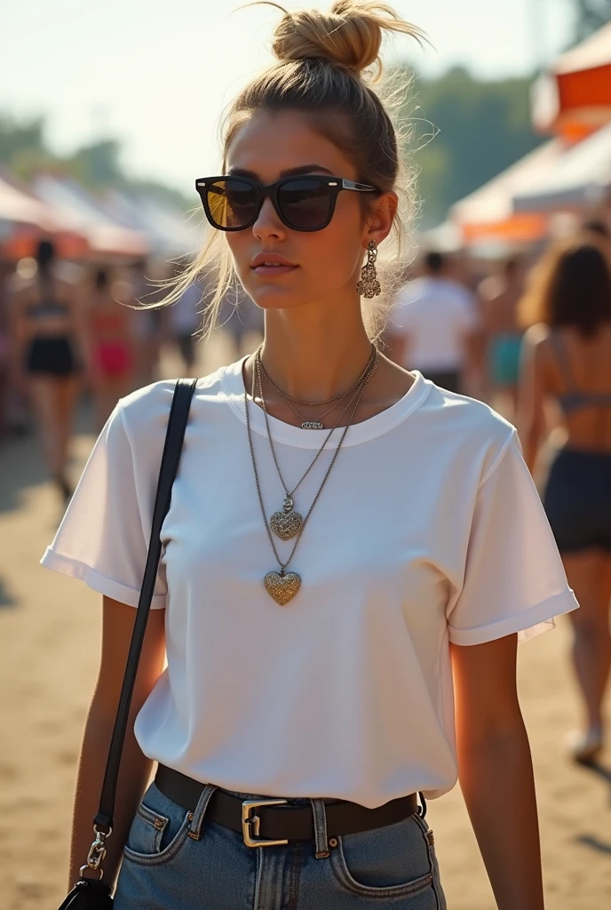 (masterpiece:1.2, best quality), 1lady, solo, upper body, nice perky tits, Chic and edgy classic white t-shirt and distressed jean skirt Confident and effortless with minimal makeup and a messy bun (Music festival or a trendy downtown neighborhood) Statement sunglasses and chunky jewelry, with a cross-body bag for convenience