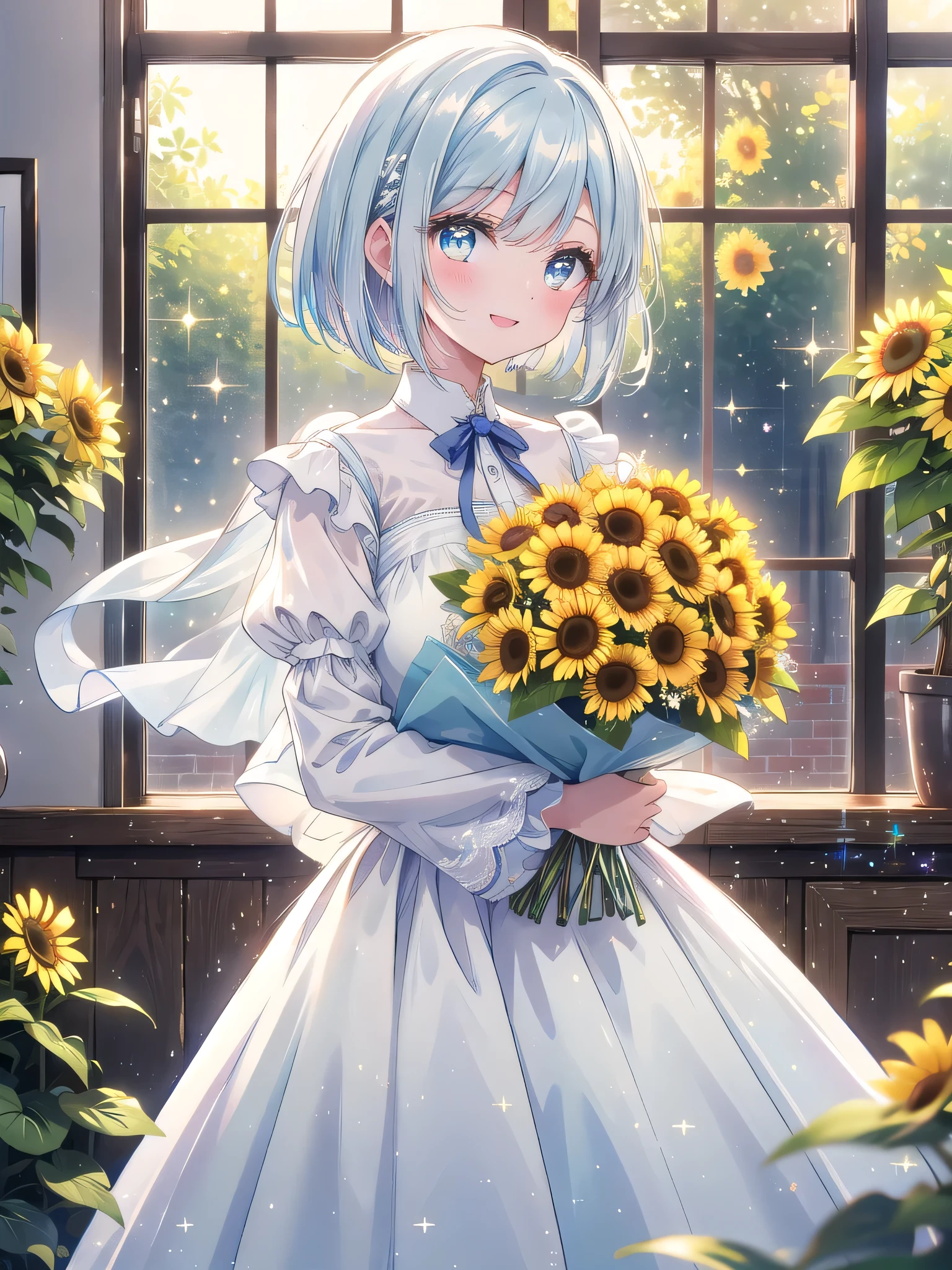 ((8k, Highest quality, masterpiece: 1.3)),Ultra-high resolution,(1 girl, alone), (Color changing eyes, Ultra-detailed, Expressive brilliance, Glitter, Glowing Eyes), Highly detailed eyes, Highly detailed face, Random Hair, ((pastel colour))Imagine a woman standing in a stylish, modern café, with large windows allowing streams of golden sunlight to bathe the room. She’s holding a large bouquet of sunflowers, white lilies, and soft blue hydrangeas, wrapped in a simple white paper with a light blue ribbon. The bouquet is vibrant and full, creating a striking contrast against her outfit. She’s dressed in a casual yet chic white blouse with rolled-up sleeves and a pastel yellow midi skirt, adding a touch of elegance to her look. Her hair is styled in a shoulder-length bob, perfectly framing her cheerful face. She’s positioned slightly to the left but faces the camera with a bright, joyful smile, her eyes filled with a lively and happy expression. She holds the bouquet forward as if offering it to a friend, her posture open and inviting. The background features the modern café interior with minimalist decor, potted plants, and patrons in soft focus, with subtle sparkles adding a touch of magic to the celebratory scene.