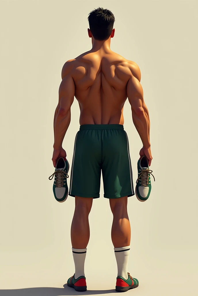 Imagine shirtless mexican soccer player holding his sneakers in hand. Back view