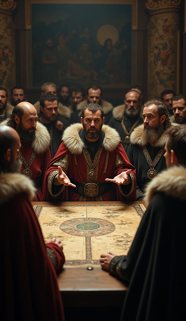 A group of royal figures, including the sons of Canute and rival heirs, are gathered in a medieval hall, their faces tense with anger and determination as they argue fiercely over the throne · Early 11th century · The men wear richly embroidered tunics with fur-lined cloaks, some with ornate crowns or circlets, while a few are armed with swords at their sides · The hall is dimly lit by torches, with heavy wooden beams and tapestries depicting scenes of battle lining the stone walls · The focus is on a central figure, perhaps Harald, gesturing forcefully, with the others reacting in various states of defiance or contemplation · In the background, there is a large wooden table with maps and scrolls scattered across it, adding to the intensity of the scene · Medium shot, capturing the heated expressions and body language of the central figures, with the hall's dark, oppressive atmosphere enveloping them · photo realism, cinematography. The camera lens size should be 200mm, aperture setting f/4.5, and ISO 1600. The artistic medium is color photography.