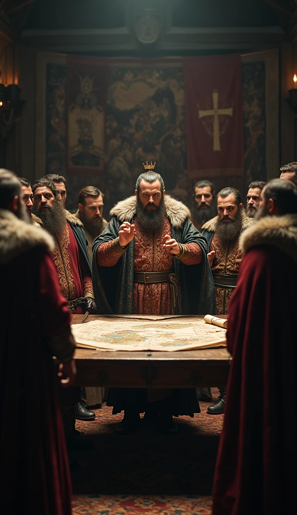 A group of royal figures, including the sons of Canute and rival heirs, are gathered in a medieval hall, their faces tense with anger and determination as they argue fiercely over the throne · Early 11th century · The men wear richly embroidered tunics with fur-lined cloaks, some with ornate crowns or circlets, while a few are armed with swords at their sides · The hall is dimly lit by torches, with heavy wooden beams and tapestries depicting scenes of battle lining the stone walls · The focus is on a central figure, perhaps Harald, gesturing forcefully, with the others reacting in various states of defiance or contemplation · In the background, there is a large wooden table with maps and scrolls scattered across it, adding to the intensity of the scene · Medium shot, capturing the heated expressions and body language of the central figures, with the hall's dark, oppressive atmosphere enveloping them · photo realism, cinematography. The camera lens size should be 200mm, aperture setting f/4.5, and ISO 1600. The artistic medium is color photography.