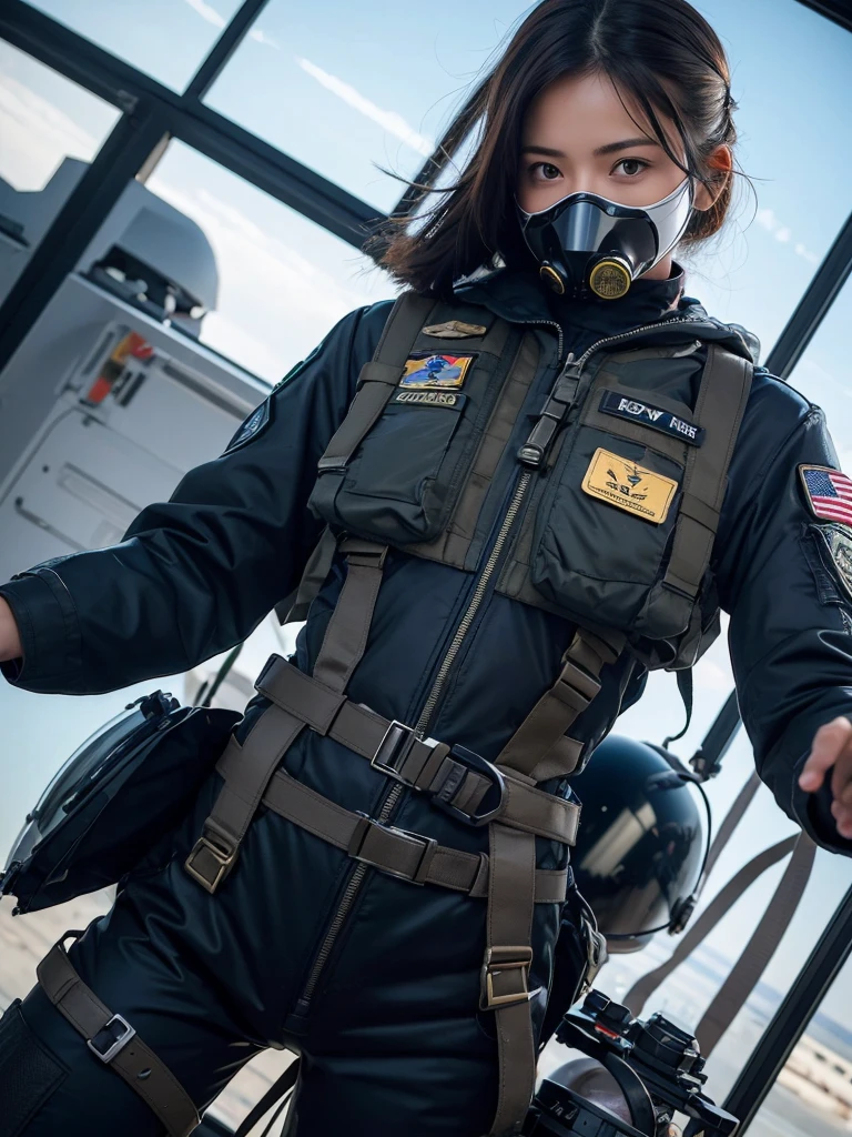 A female air force soldier wearing a helmet and pilot suit fighting in a fighter jet,Thick harness belt,Gas mask with regulator,
