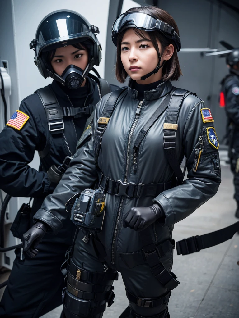 A female air force soldier wearing a helmet and pilot suit fighting in a fighter jet,Thick harness belt,Gas mask with regulator,