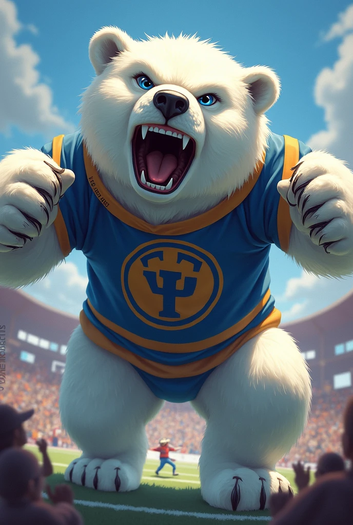 I need a polar bear, The color blue, that he is a fan of a sports team, has to express anger, euphoria of a celebration, It must be a mascot for my faculty team.
