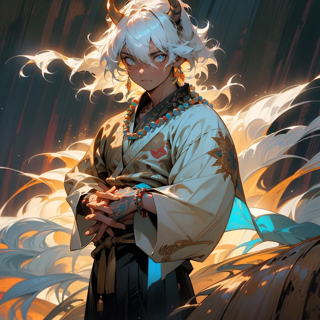 1male, mature, tan skin, finely detailed glowing blue eyes, ((detailed hands)), nice hands, medium messy hair, white hair color, prayer bead necklace, prayer bead bracelet, standing with hands in pocket, standing on mountain trail, waterfall, night, somber expression, ((detailed eyes)), ((horns)), red tattoos on chest